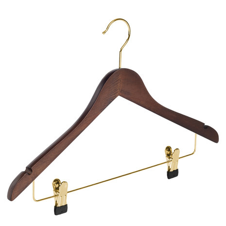 Blouse / shirthanger (geknikt) beukenhout walnoten gebeitst met messinghaak, rokinkepingen en anti-slip knijpers