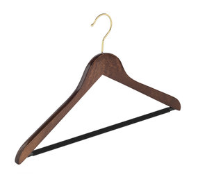 Blouse / shirthanger (geknikt) beukenhout walnoten gebeitst met messinghaak en anti-slip broeklat Blouse / shirthanger (geknikt) beukenhout walnoten gebeitst met messinghaak en anti-slip broeklat