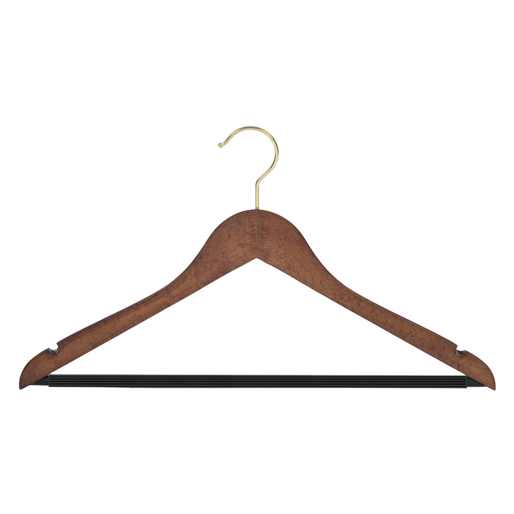 Blouse / shirthanger (geknikt) beukenhout walnoten gebeitst met messinghaak, rokinkepingen en anti-slip broeklat