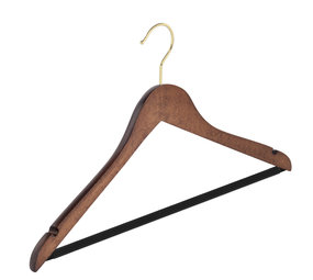 Blouse / shirthanger (geknikt) beukenhout walnoten gebeitst met messinghaak, rokinkepingen en anti-slip broeklat Blouse / shirthanger (geknikt) beukenhout walnoten gebeitst met messinghaak, rokinkepingen en anti-slip broeklat