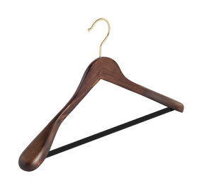 Mantel / kostuumhanger (geknikt) beukenhout walnoten gebeitst met messinghaak, schouderverbreding en anti-slip broeklat Mantel / kostuumhanger (geknikt) beukenhout walnoten gebeitst met messinghaak, schouderverbreding en anti-slip broeklat