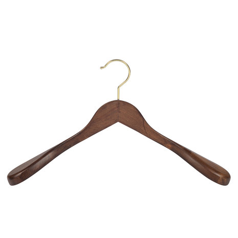 DE KLEDINGHANGER GIGANT Mantel / kostuumhanger (geknikt) beukenhout walnoten gebeitst met messinghaak en schouderverbreding