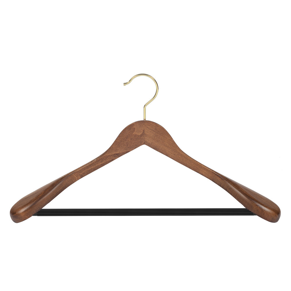 Mantel / kostuumhanger (geknikt) beukenhout walnoten gebeitst met messinghaak, schouderverbreding en anti-slip broeklat Mantel / kostuumhanger (geknikt) beukenhout walnoten gebeitst met messinghaak, schouderverbreding en anti-slip broeklat
