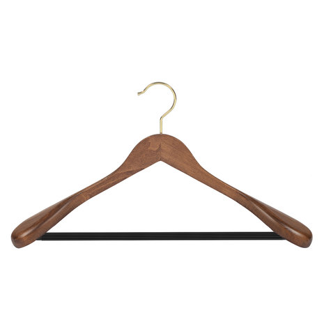 Mantel / kostuumhanger (geknikt) beukenhout walnoten gebeitst met messinghaak, schouderverbreding en anti-slip broeklat Mantel / kostuumhanger (geknikt) beukenhout walnoten gebeitst met messinghaak, schouderverbreding en anti-slip broeklat