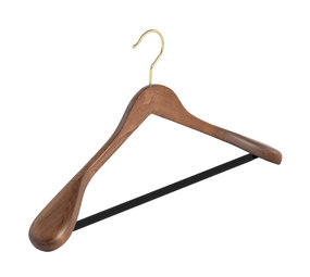 Mantel / kostuumhanger (geknikt) beukenhout walnoten gebeitst met messinghaak, schouderverbreding en anti-slip broeklat Mantel / kostuumhanger (geknikt) beukenhout walnoten gebeitst met messinghaak, schouderverbreding en anti-slip broeklat