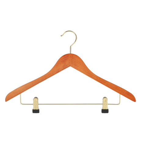 Blouse / shirthanger (geknikt) beukenhout kersen gebeitst met messinghaak en anti-slip knijpers Blouse / shirthanger (geknikt) beukenhout kersen gebeitst met messinghaak en anti-slip knijpers