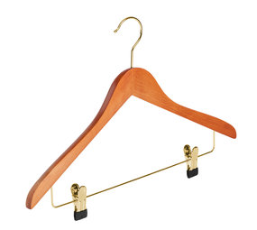 Blouse / shirthanger (geknikt) beukenhout kersen gebeitst met messinghaak en anti-slip knijpers Blouse / shirthanger (geknikt) beukenhout kersen gebeitst met messinghaak en anti-slip knijpers