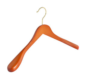 Mantel / kostuumhanger (geknikt) beukenhout kersen gebeitst met messinghaak en schouderverbreding Mantel / kostuumhanger (geknikt) beukenhout kersen gebeitst met messinghaak en schouderverbreding