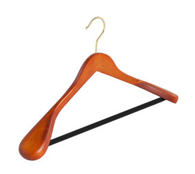 Mantel / kostuumhanger (geknikt) beukenhout kersen gebeitst met messinghaak, schouderverbreding en anti-slip broeklat Mantel / kostuumhanger (geknikt) beukenhout kersen gebeitst met messinghaak, schouderverbreding en anti-slip broeklat