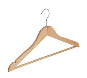 Blouse / shirthanger (vlak) lotushout naturel gelakt met rokinkepingen en anti-slip broeklat Blouse / shirthanger (vlak) lotushout naturel gelakt met rokinkepingen en anti-slip broeklat