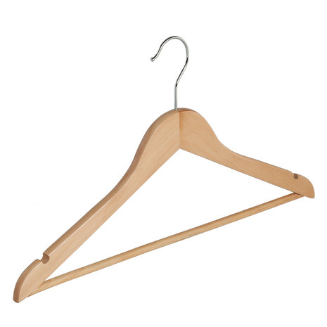 Blouse / shirthanger (vlak) lotushout naturel gelakt met rokinkepingen en anti-slip broeklat Blouse / shirthanger (vlak) lotushout naturel gelakt met rokinkepingen en anti-slip broeklat