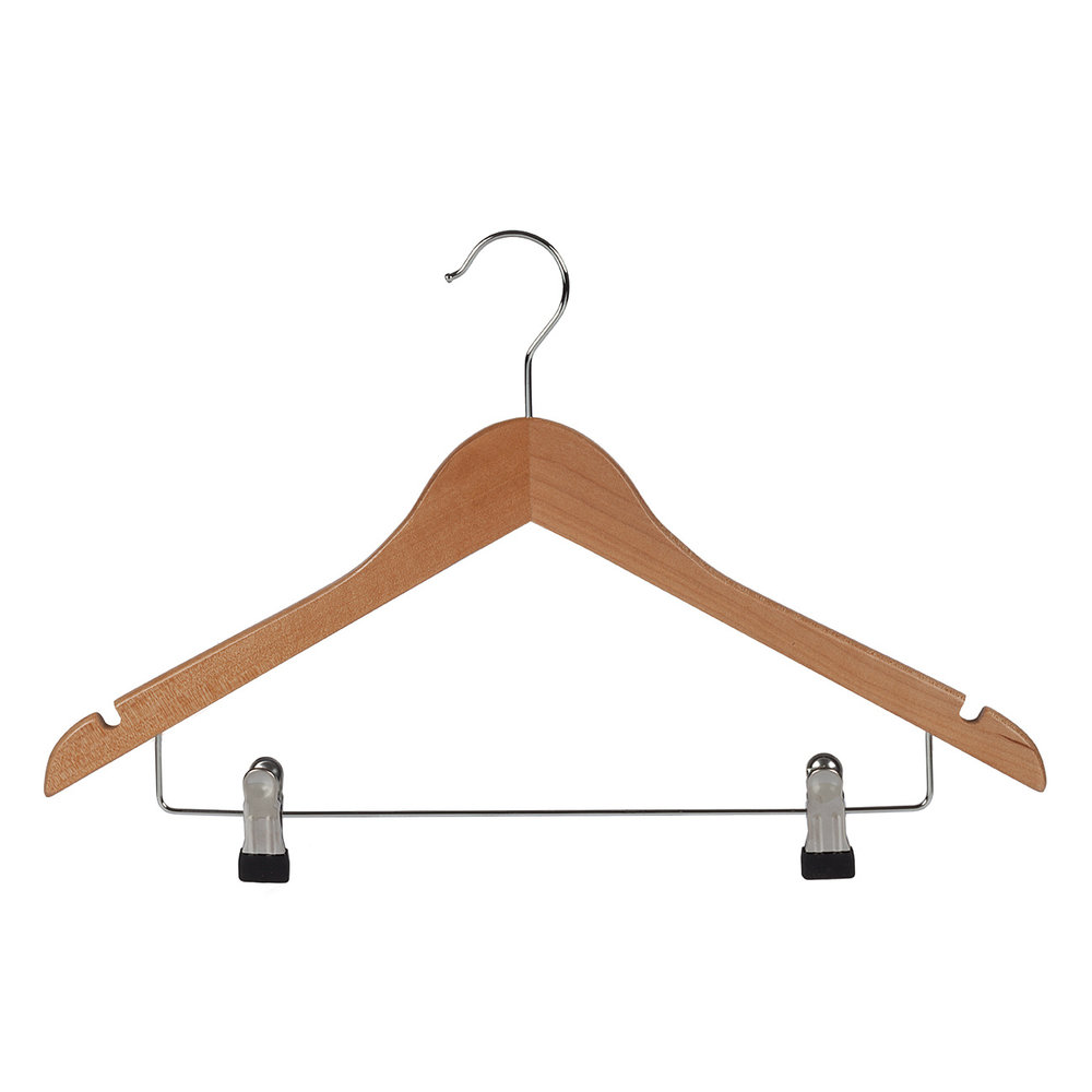 DE KLEDINGHANGER GIGANT Blouse / shirthanger lotushout naturel gelakt met rokinkepingen en knijperlat, 44 cm