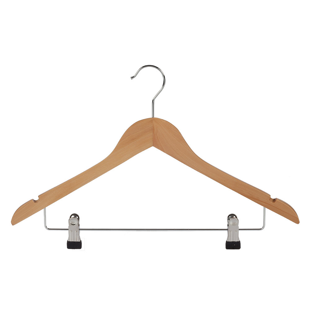 Blouse / shirthanger lotushout naturel gelakt met rokinkepingen en knijperlat, 44 cm