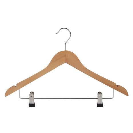 DE KLEDINGHANGER GIGANT Blouse / shirthanger (geknikt) lotushout naturel gelakt met rokinkepingen en anti-slip knijpers