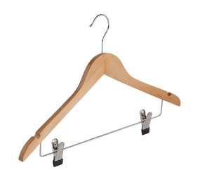 Blouse / shirthanger lotushout naturel gelakt met rokinkepingen en knijperlat, 44 cm