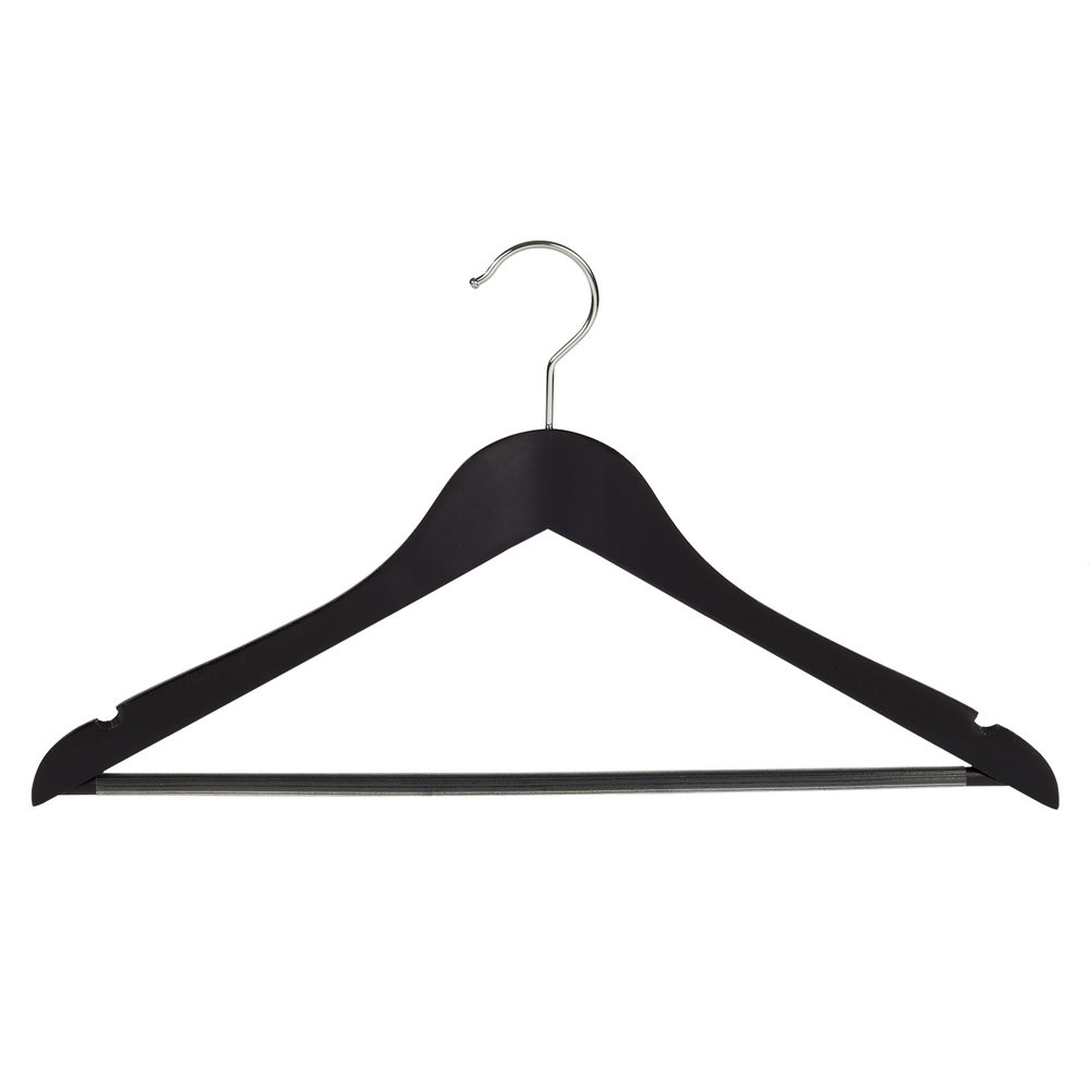 Blouse / shirthanger (geknikt) lotushout zwart gelakt met rokinkepingen en anti-slip broeklat Blouse / shirthanger (geknikt) lotushout zwart gelakt met rokinkepingen en anti-slip broeklat