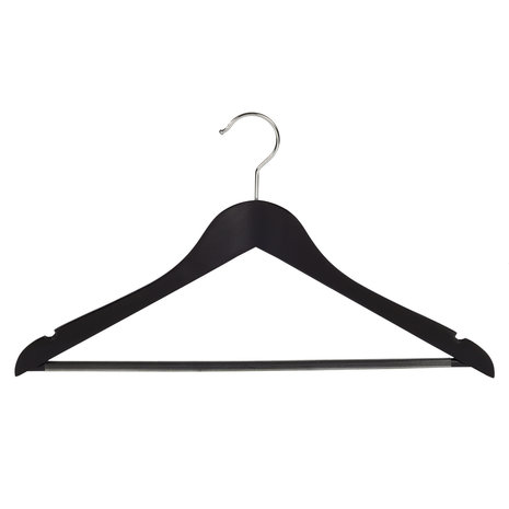 Blouse / shirthanger (geknikt) lotushout zwart gelakt met rokinkepingen en anti-slip broeklat Blouse / shirthanger (geknikt) lotushout zwart gelakt met rokinkepingen en anti-slip broeklat