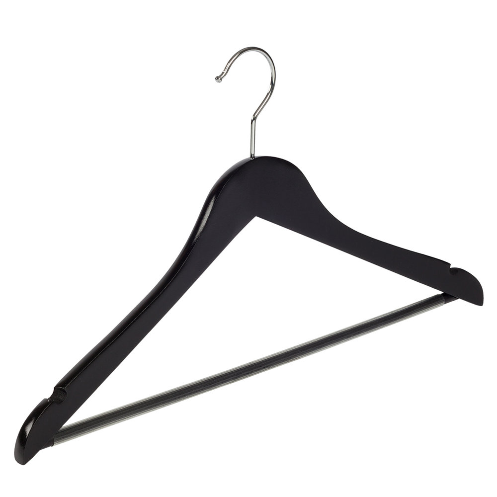 Blouse / shirthanger (geknikt) lotushout zwart gelakt met rokinkepingen en anti-slip broeklat Blouse / shirthanger (geknikt) lotushout zwart gelakt met rokinkepingen en anti-slip broeklat