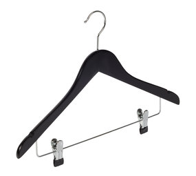 Blouse / shirthanger lotushout zwart gelakt met rokinkepingen en knijperlat, 44 cm