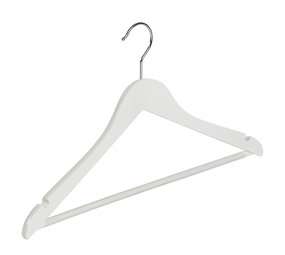 Blouse / shirthanger (geknikt) lotushout wit gelakt met rokinkepingen en anti-slip broeklat Blouse / shirthanger (geknikt) lotushout wit gelakt met rokinkepingen en anti-slip broeklat