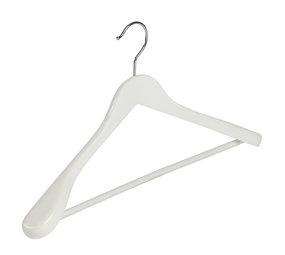 Mantel / kostuumhanger (geknikt) lotushout wit gelakt met schouderverbreding en anti-slip broeklat Mantel / kostuumhanger (geknikt) lotushout wit gelakt met schouderverbreding en anti-slip broeklat