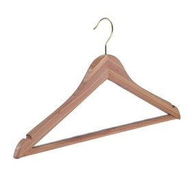 Blouse / shirthanger (vlak) cederhout ongelakt met messinghaak, rokinkepingen en anti-slip broeklat Blouse / shirthanger (vlak) cederhout ongelakt met messinghaak, rokinkepingen en anti-slip broeklat