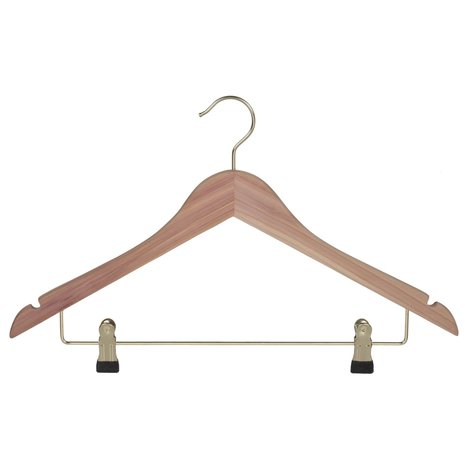 Blouse / shirthanger (vlak) cederhout ongelakt met messinghaak, rokinkepingen en anti-slip knijpers Blouse / shirthanger (vlak) cederhout ongelakt met messinghaak, rokinkepingen en anti-slip knijpers