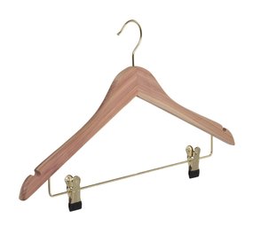 Blouse / shirthanger (vlak) cederhout ongelakt met messinghaak, rokinkepingen en anti-slip knijpers Blouse / shirthanger (vlak) cederhout ongelakt met messinghaak, rokinkepingen en anti-slip knijpers