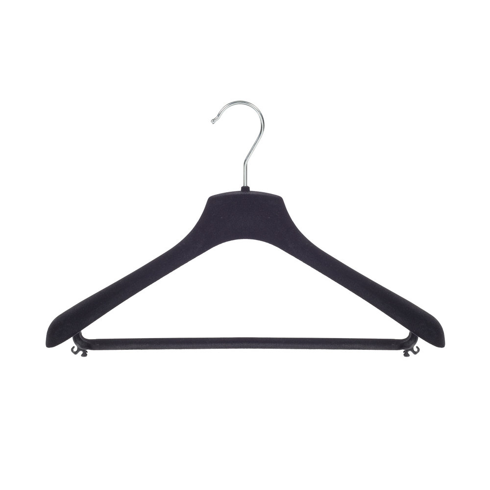 Mantel / kostuumhanger (gebogen) kunststof velours zwart met schouderverbreding en broeklat Mantel / kostuumhanger (gebogen) kunststof velours zwart met schouderverbreding en broeklat