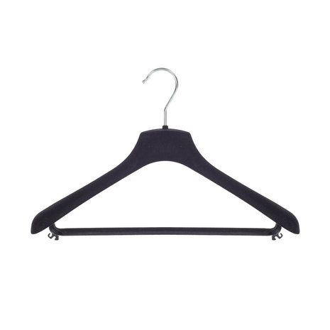 Mantel / kostuumhanger (gebogen) kunststof velours zwart met schouderverbreding en broeklat Mantel / kostuumhanger (gebogen) kunststof velours zwart met schouderverbreding en broeklat
