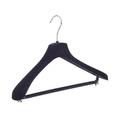 Mantel / kostuumhanger (gebogen) kunststof velours zwart met schouderverbreding en broeklat Mantel / kostuumhanger (gebogen) kunststof velours zwart met schouderverbreding en broeklat