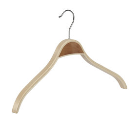 Mantel / kostuumhanger (gebogen) berkenhout naturel gelakt met schouderverbreding Mantel / kostuumhanger (gebogen) berkenhout naturel gelakt met schouderverbreding
