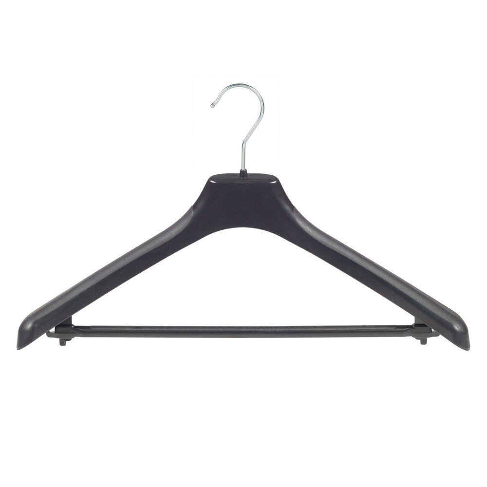 Mantel / kostuumhanger (gebogen) kunststof zwart met schouderverbreding en anti-slip broeklat