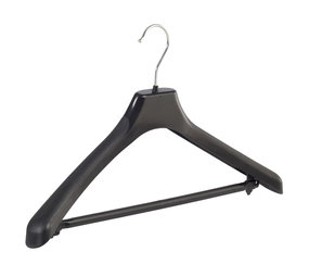 Mantel / kostuumhanger (gebogen) kunststof zwart met schouderverbreding en anti-slip broeklat Mantel / kostuumhanger (gebogen) kunststof zwart met schouderverbreding en anti-slip broeklat