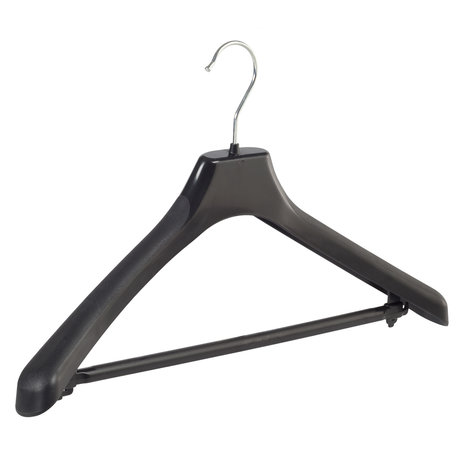 Mantel / kostuumhanger (gebogen) kunststof zwart met schouderverbreding en anti-slip broeklat
