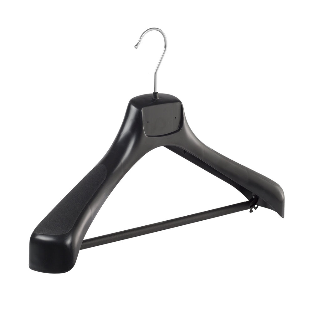 Mantel / kostuumhanger (gebogen) kunststof zwart met schouderverbreding en broeklat