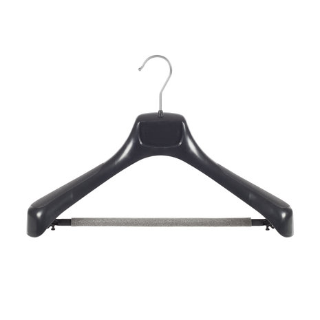 Mantel / kostuumhanger (gebogen) kunststof zwart met schouderverbreding en anti-slip broeklat (2 mm schuim)