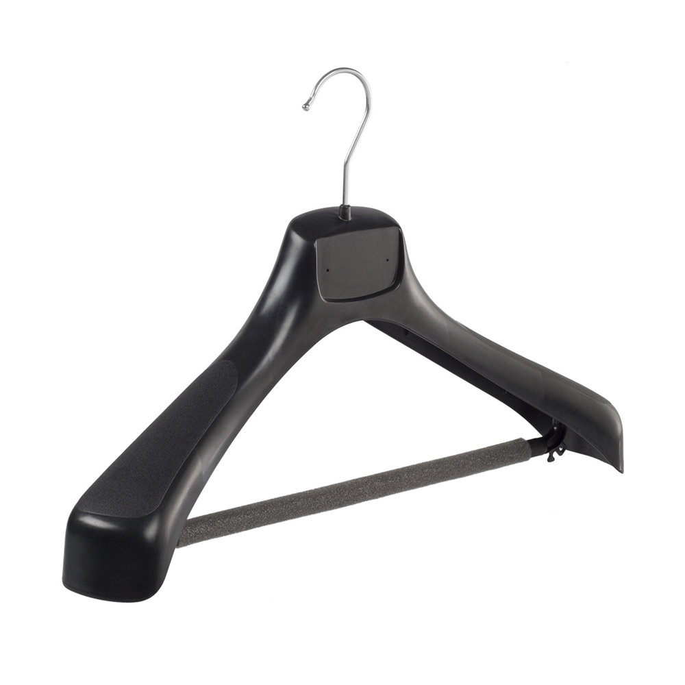 SER-VIZ Mantel / kostuumhanger (gebogen) kunststof zwart met schouderverbreding en anti-slip broeklat (2 mm schuim) SER-VIZ Mantel / kostuumhanger (gebogen) kunststof zwart met schouderverbreding en anti-slip broeklat (2 mm schuim)