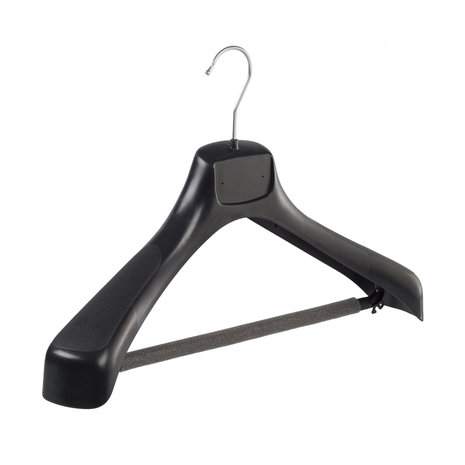 Mantel / kostuumhanger (gebogen) kunststof zwart met schouderverbreding en anti-slip broeklat (2 mm schuim)