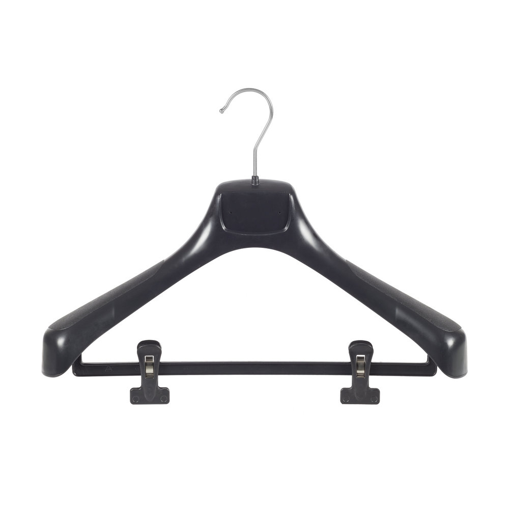 Mantel / kostuumhanger (gebogen) kunststof zwart met schouderverbreding en anti-slip knijpers