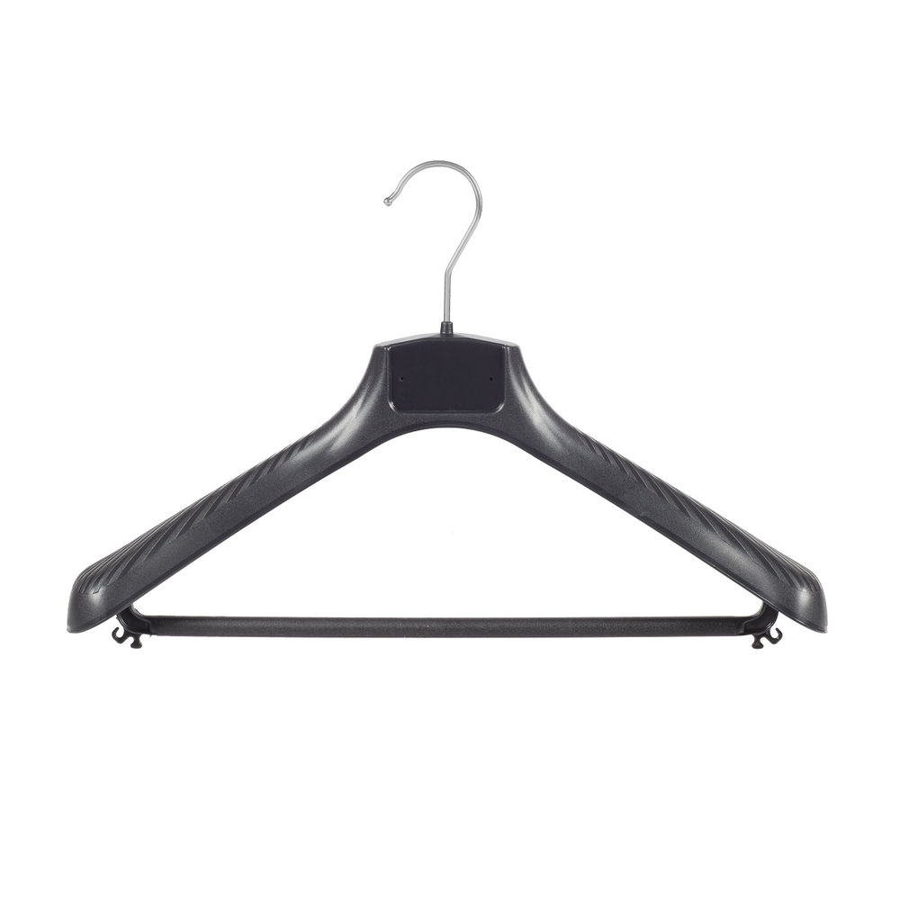 Mantel / kostuumhanger (gebogen) kunststof zwart met schouderverbreding en broeklat Mantel / kostuumhanger (gebogen) kunststof zwart met schouderverbreding en broeklat