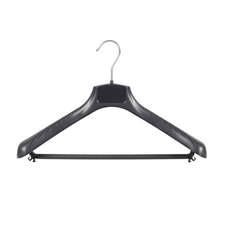 Mantel / kostuumhanger (gebogen) kunststof zwart met schouderverbreding en broeklat Mantel / kostuumhanger (gebogen) kunststof zwart met schouderverbreding en broeklat