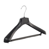 Mantel / kostuumhanger (gebogen) kunststof zwart met schouderverbreding en anti-slip broeklat (2 mm schuim) Mantel / kostuumhanger (gebogen) kunststof zwart met schouderverbreding en anti-slip broeklat (2 mm schuim)