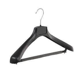Mantel / kostuumhanger (gebogen) kunststof zwart met schouderverbreding en anti-slip broeklat (2 mm schuim)
