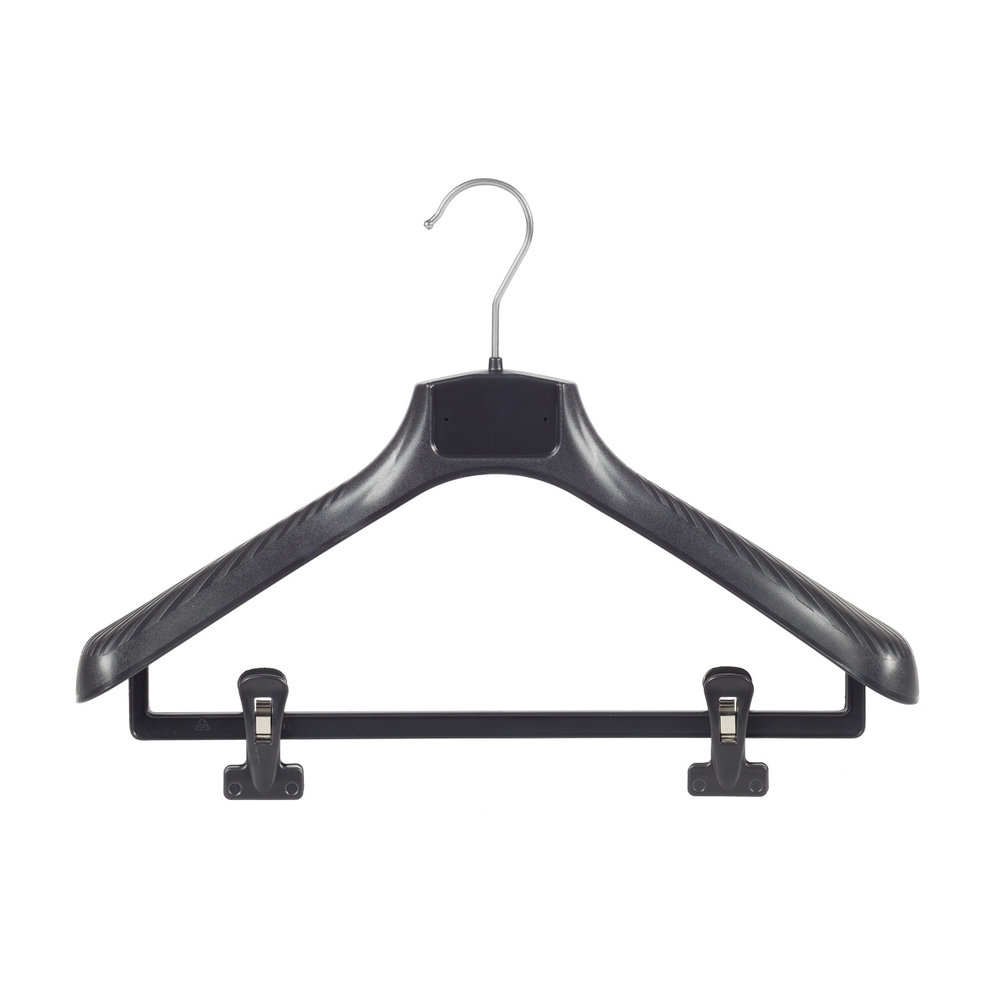 SER-VIZ Mantel / kostuumhanger (gebogen) kunststof zwart met schouderverbreding en anti-slip knijpers SER-VIZ Mantel / kostuumhanger (gebogen) kunststof zwart met schouderverbreding en anti-slip knijpers