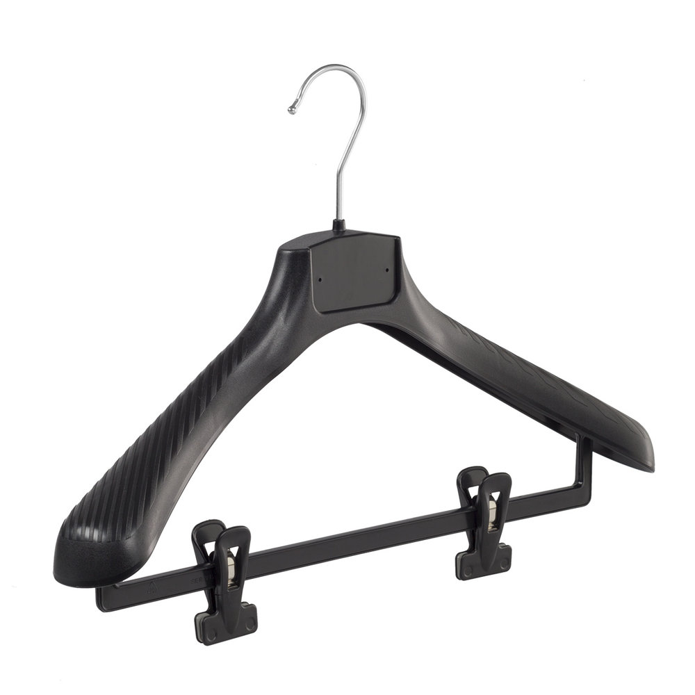 Mantel / kostuumhanger (gebogen) kunststof zwart met schouderverbreding en anti-slip knijpers