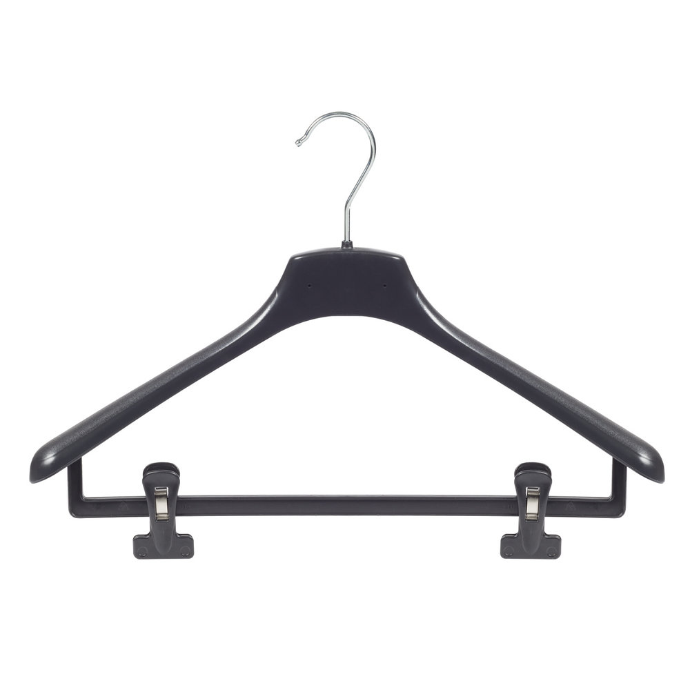 Mantel / kostuumhanger (gebogen) kunststof zwart met schouderverbreding en anti-slip knijpers