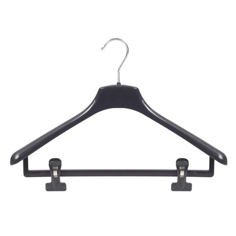 Mantel / kostuumhanger (gebogen) kunststof zwart met schouderverbreding en anti-slip knijpers