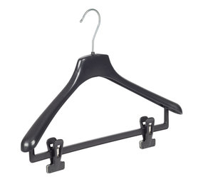 Mantel / kostuumhanger (gebogen) kunststof zwart met schouderverbreding en anti-slip knijpers