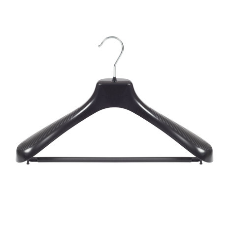 Mantel / kostuumhanger (gebogen) kunststof zwart met schouderverbreding en broeklat Mantel / kostuumhanger (gebogen) kunststof zwart met schouderverbreding en broeklat